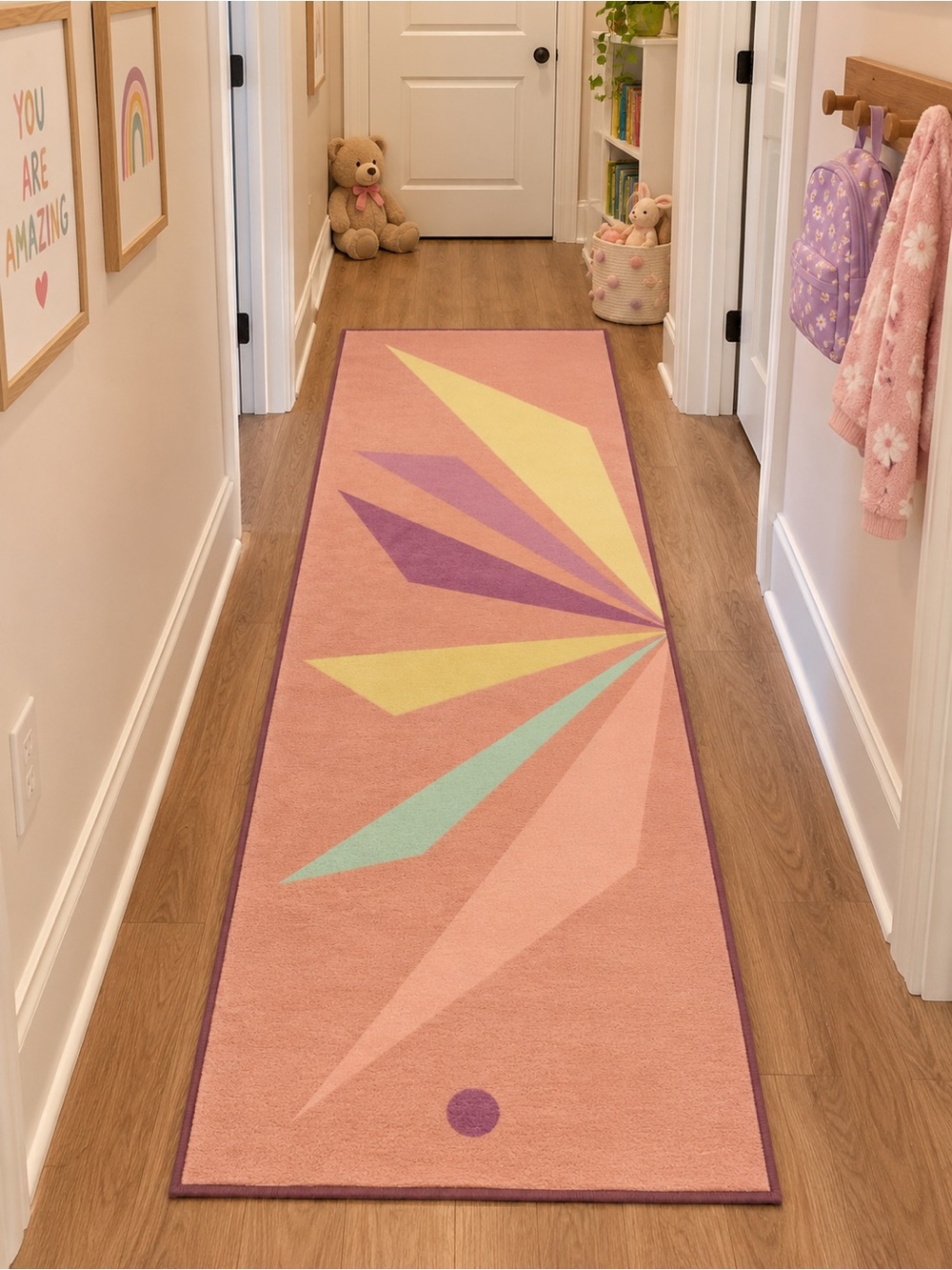 Pink Hallway Thin Runner Rug with Multicolor Geometric Starburst